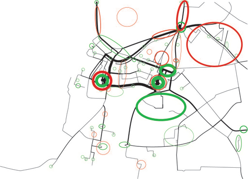 Overlapping of students' routes and indicating good and bad places